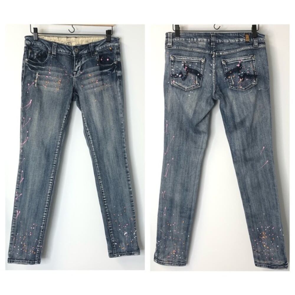 Zana Di Vintage Style Paint Splatter Straight Slim Jeans 90s